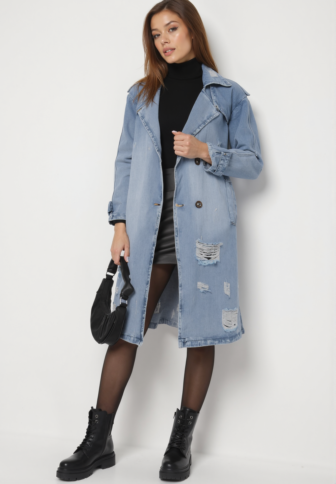 Veste en jean longue avec ceinture à nouer