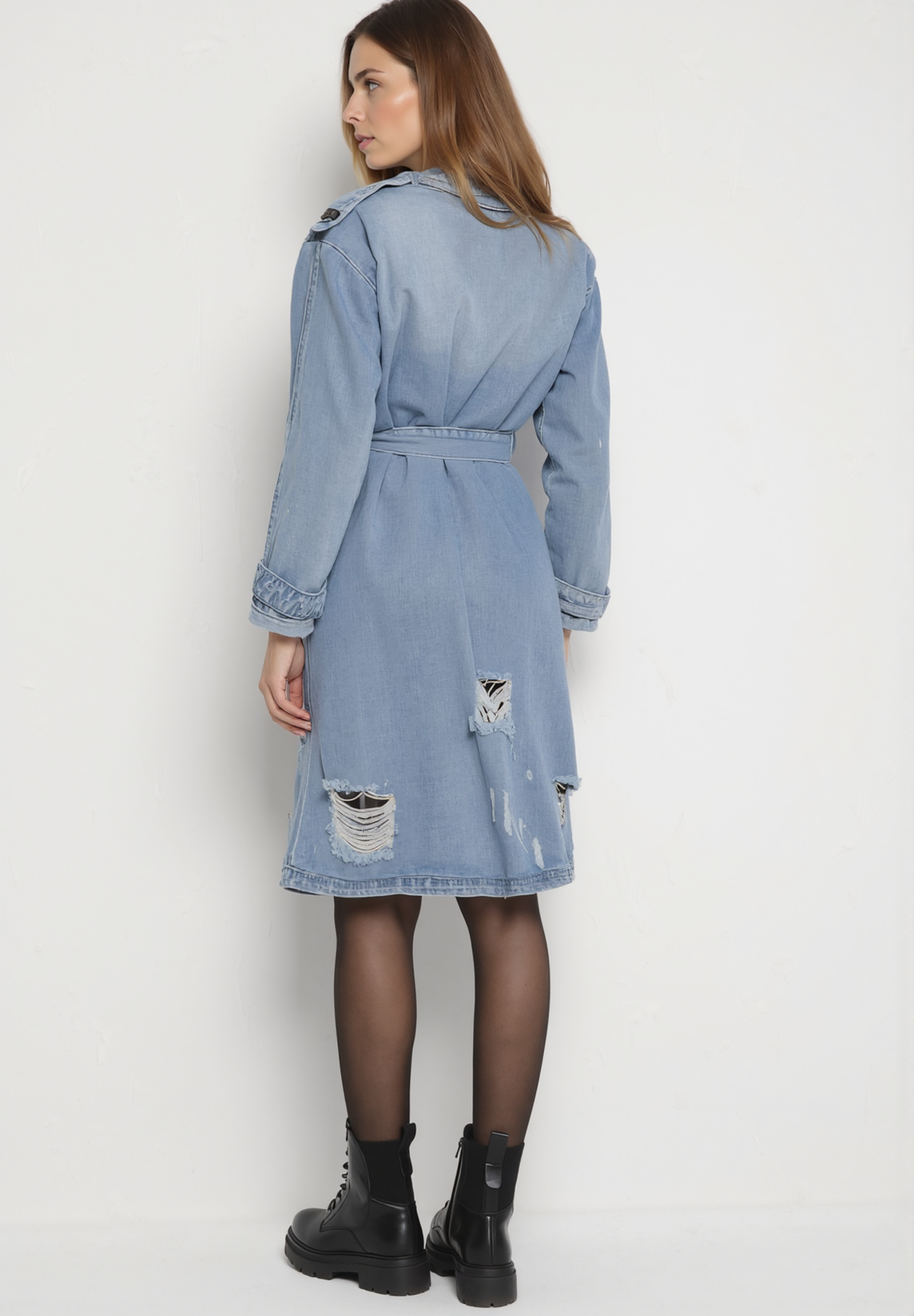 Veste en jean longue avec ceinture à nouer