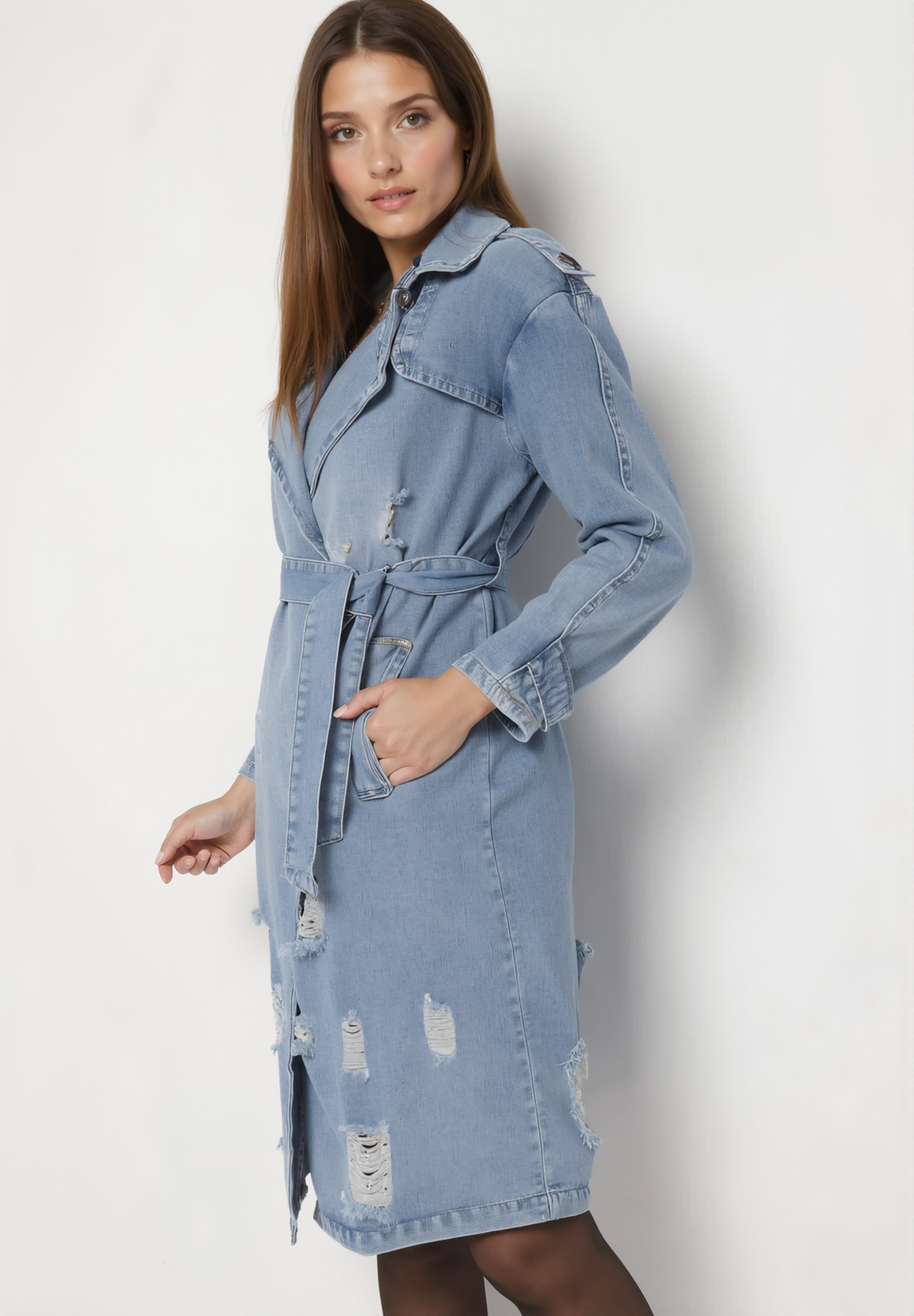 Veste en jean longue avec ceinture à nouer