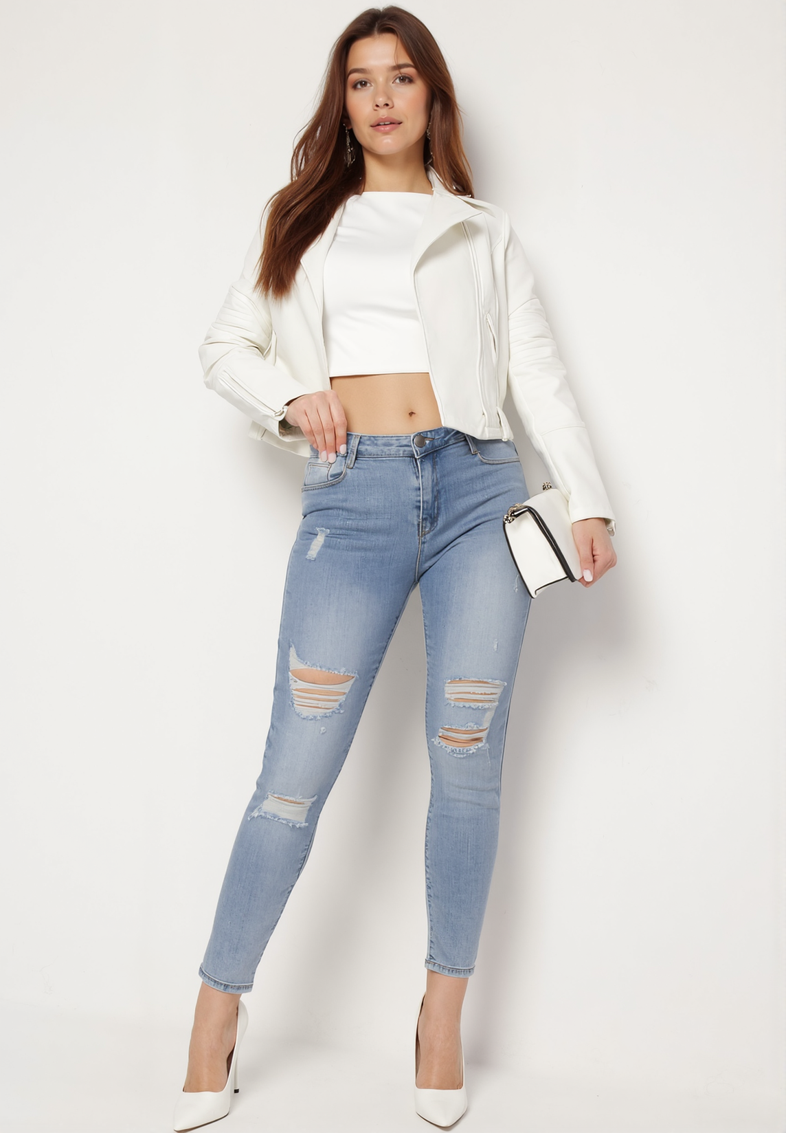 Jean skinny bleu avec trous et effet push up