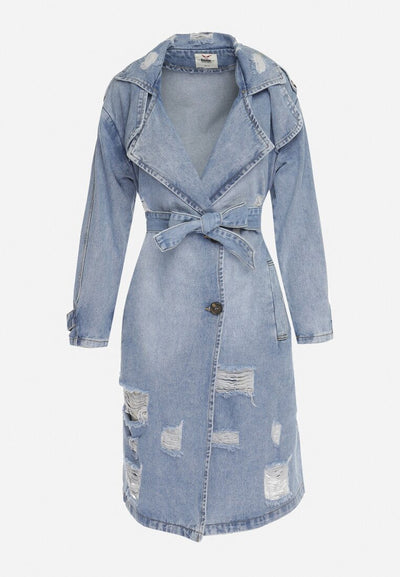 Veste en jean longue avec ceinture à nouer